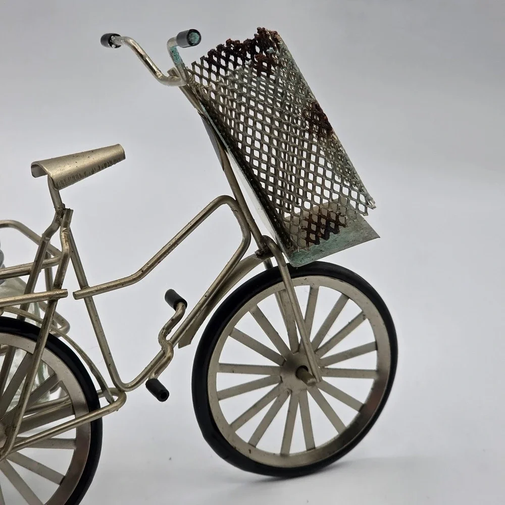 Vtg Novelty Bicycle Salt & Pepper Shakers‎ Set Metal Holder Glass Pamaya Taiwan